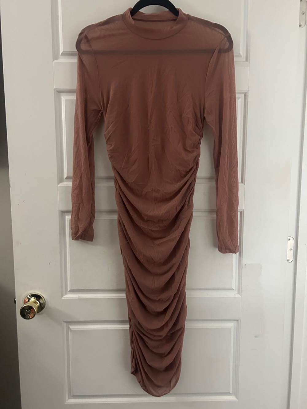 Ruched Long-Sleeve Midi Dress in Mauve
